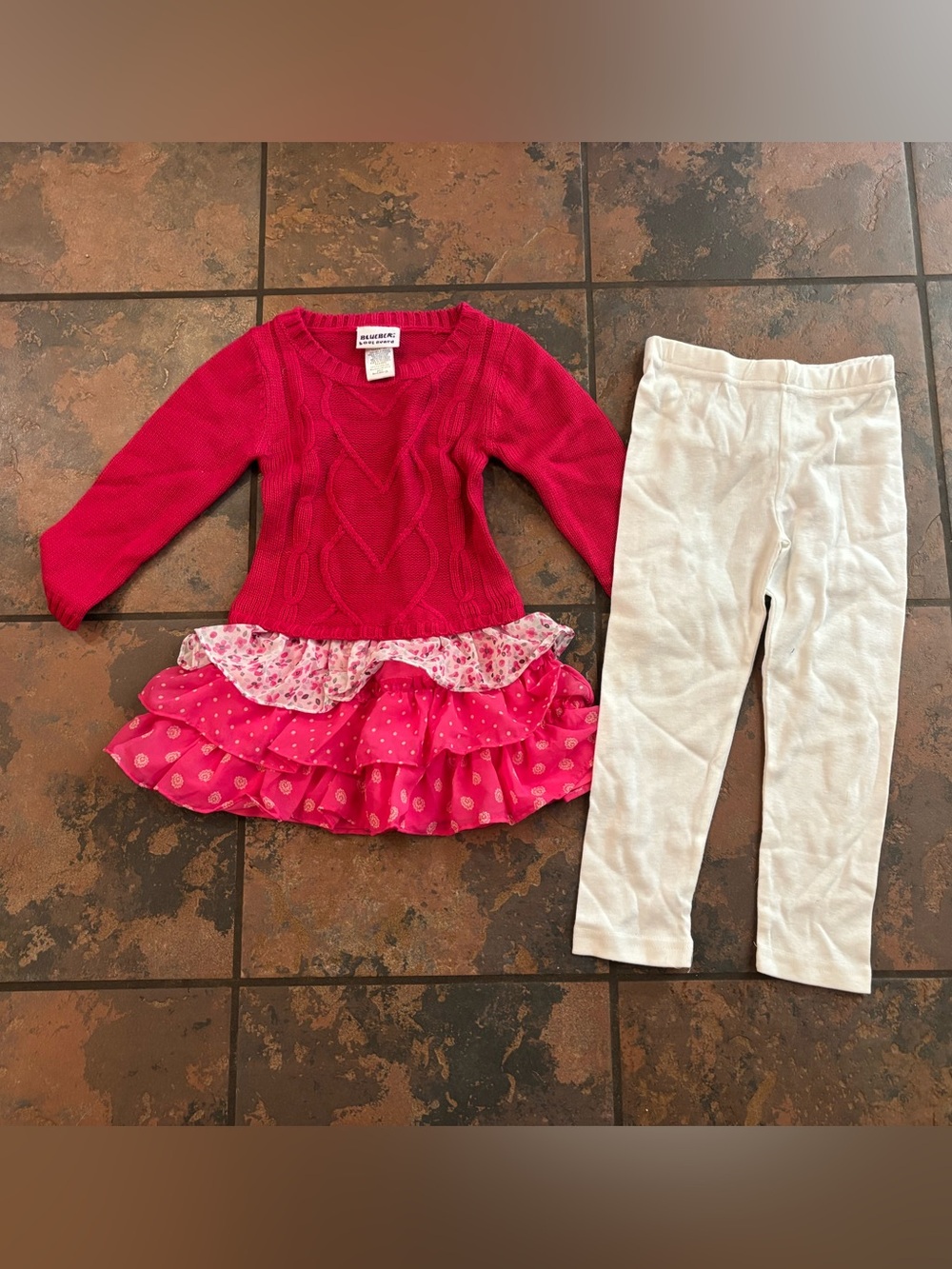 🐝Blueberi Boulevard Hot Pink Knit Ruffle Tunic with White Leggings